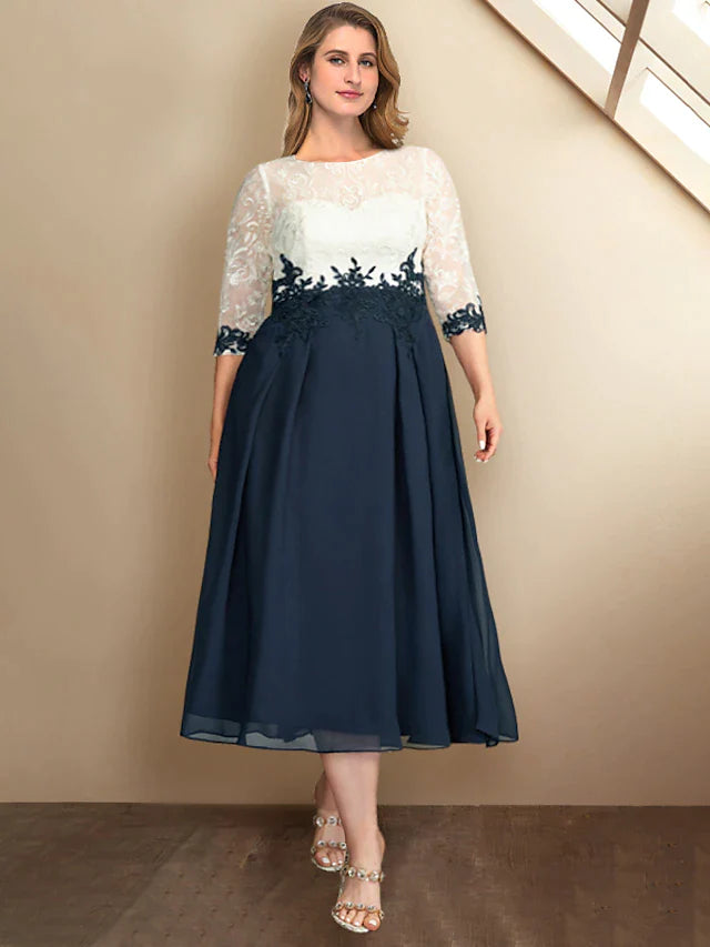 A-Line Plus Size Curve Mother of the Bride Dresses Color Block Dress Formal Tea Length Half Sleeve Jewel Neck Chiffon with Appliques Splicing