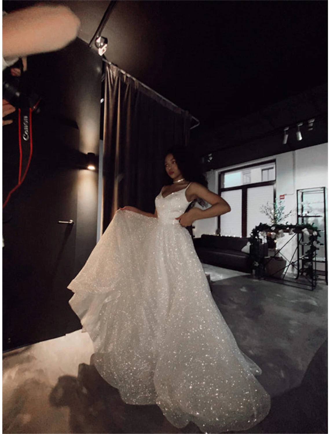 Hall Sparkle & Shine Casual Wedding Dresses A-Line Camisole V Neck Spaghetti Strap Sweep / Brush Train Sequined Bridal Gowns With Solid Color Summer Fall Wedding Party , Women's Clothing