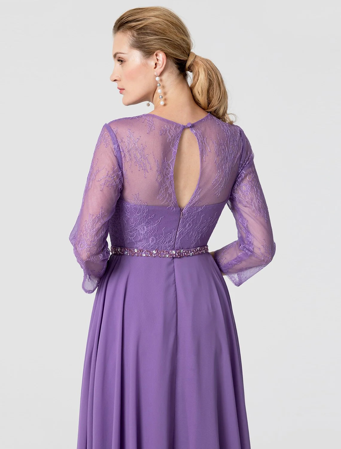 A-Line Elegant Holiday Cocktail Party Formal Evening Dress V Neck 3/4 Length Sleeve Floor Length Chiffon Lace with Sash / Ribbon Beading / Illusion Sleeve