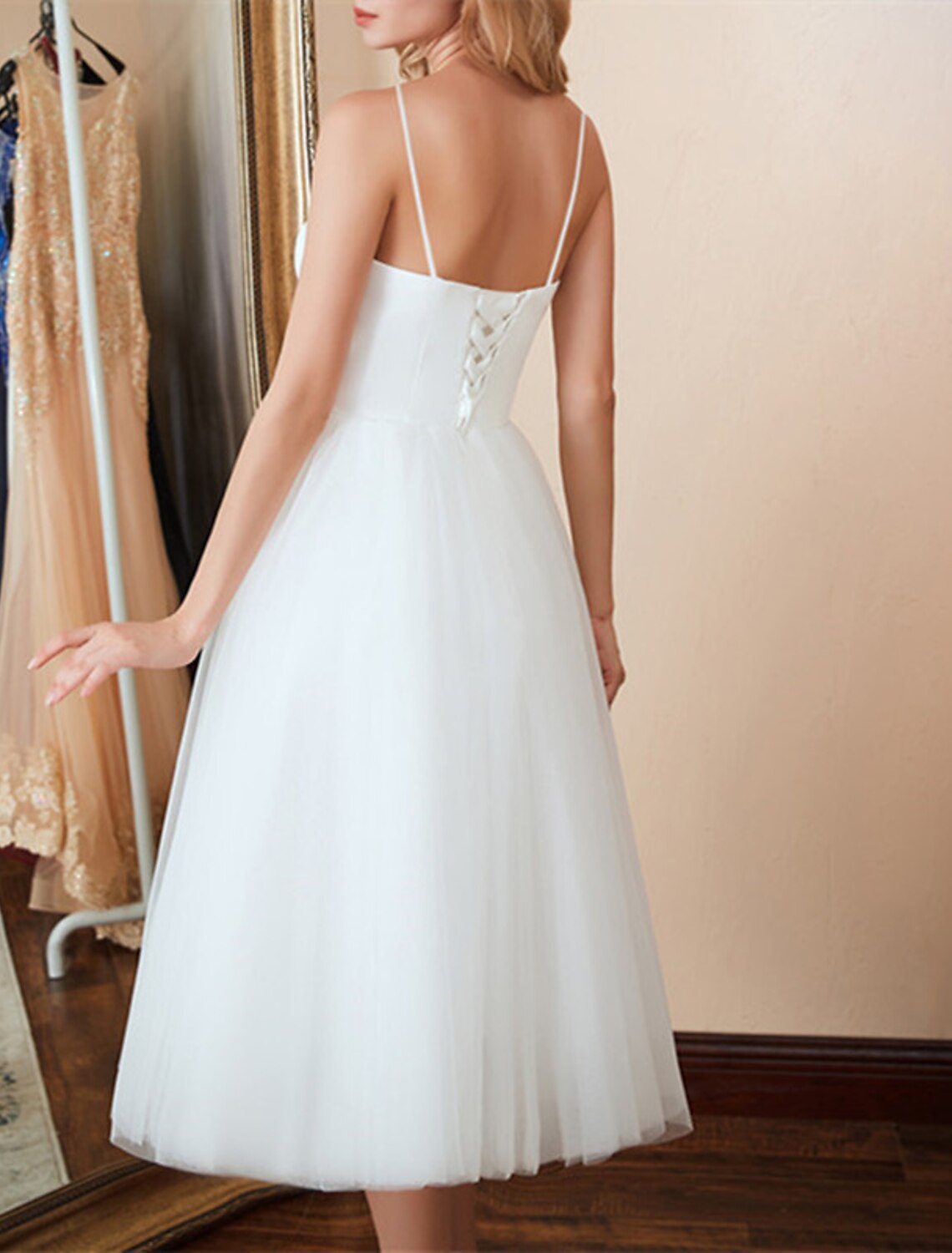 Reception Little White Dresses Wedding Dresses A-Line Sweetheart Camisole Spaghetti Strap Tea Length Satin Bridal Gowns With Solid Color