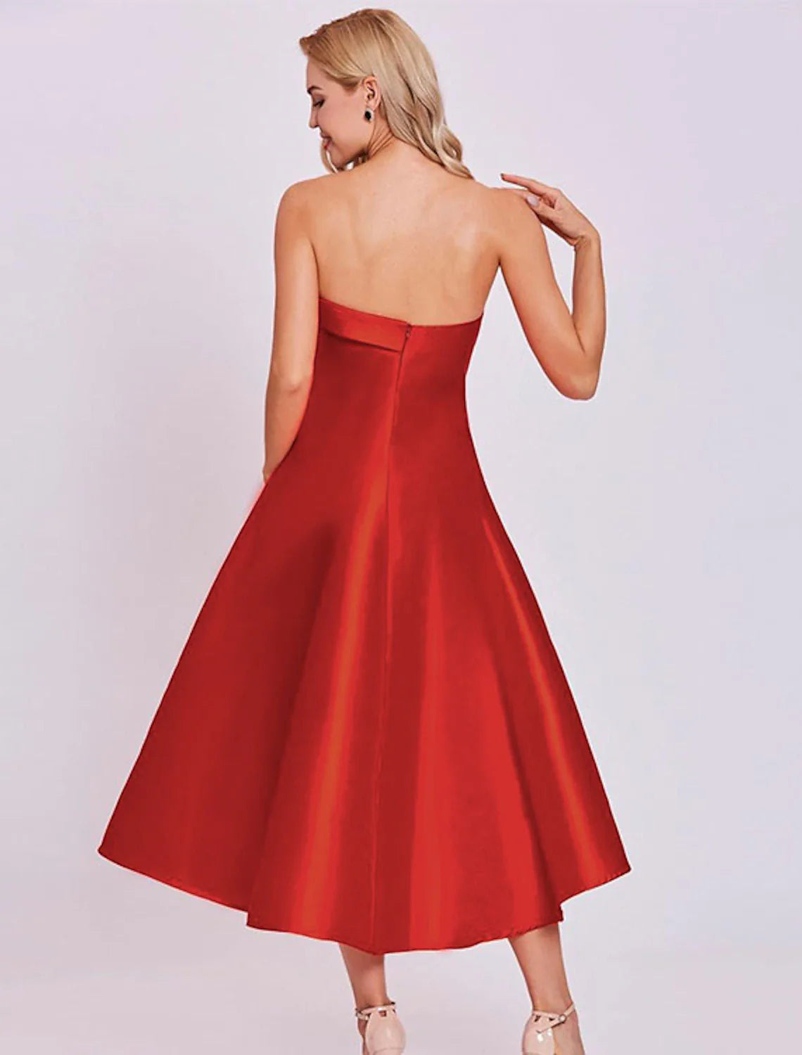 DingjiA-Line Cocktail Dresses Minimalist Dress Homecoming Wedding Guest Tea Length Sleeveless Strapless Satin with Sleek