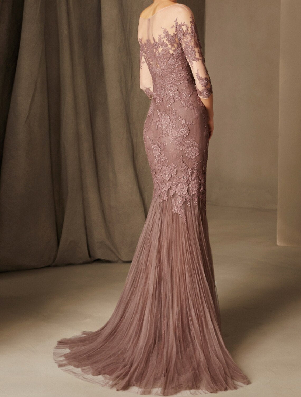 Mermaid Party Dress Elegant Floral Engagement Formal Evening Dress Illusion Neck 3/4 Length Sleeve Sweep / Brush Train Chiffon with Lace Insert