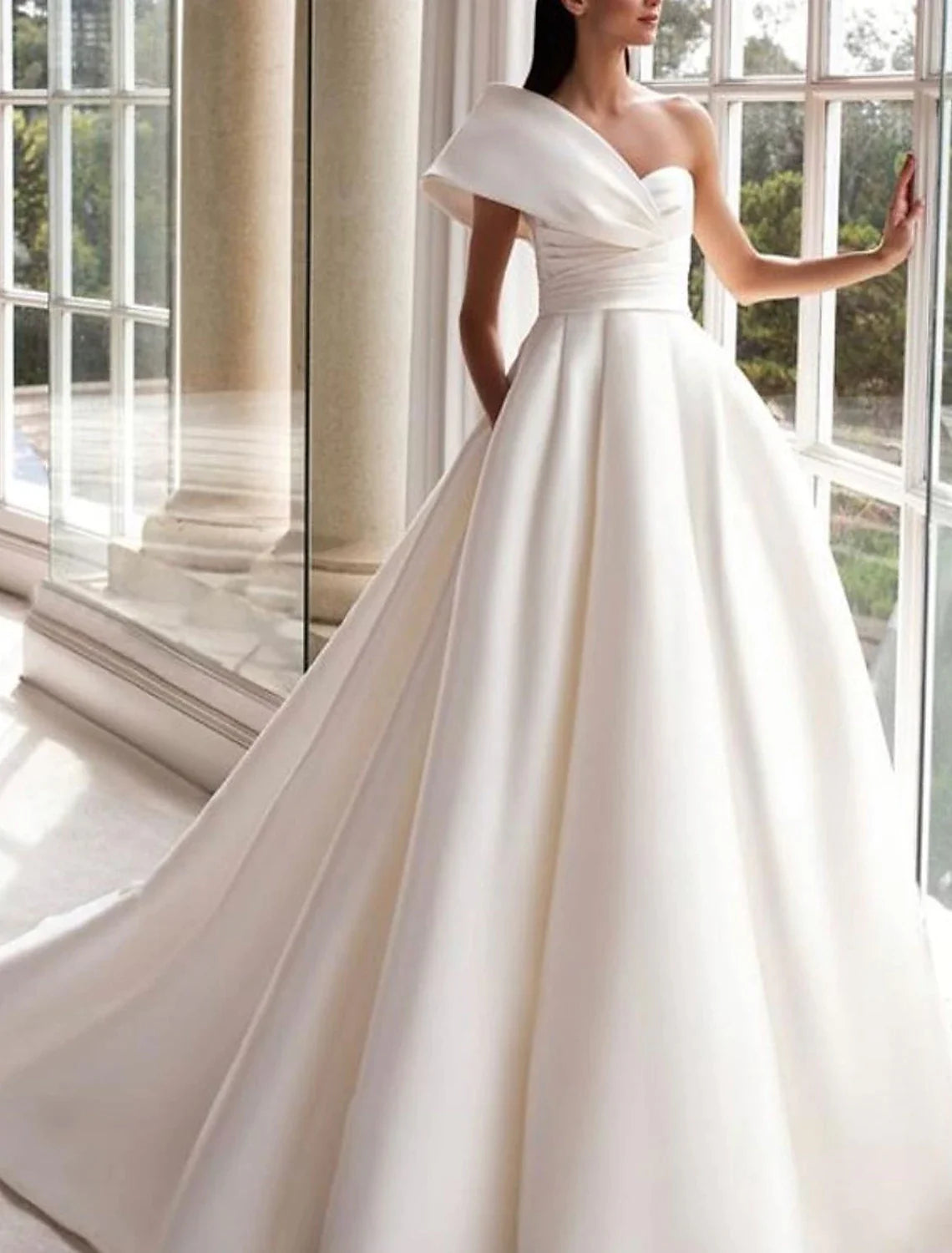 DingjiHall Formal Wedding Dresses A-Line One Shoulder Sleeveless Sweep / Brush Train Satin Bridal Gowns With Ruched