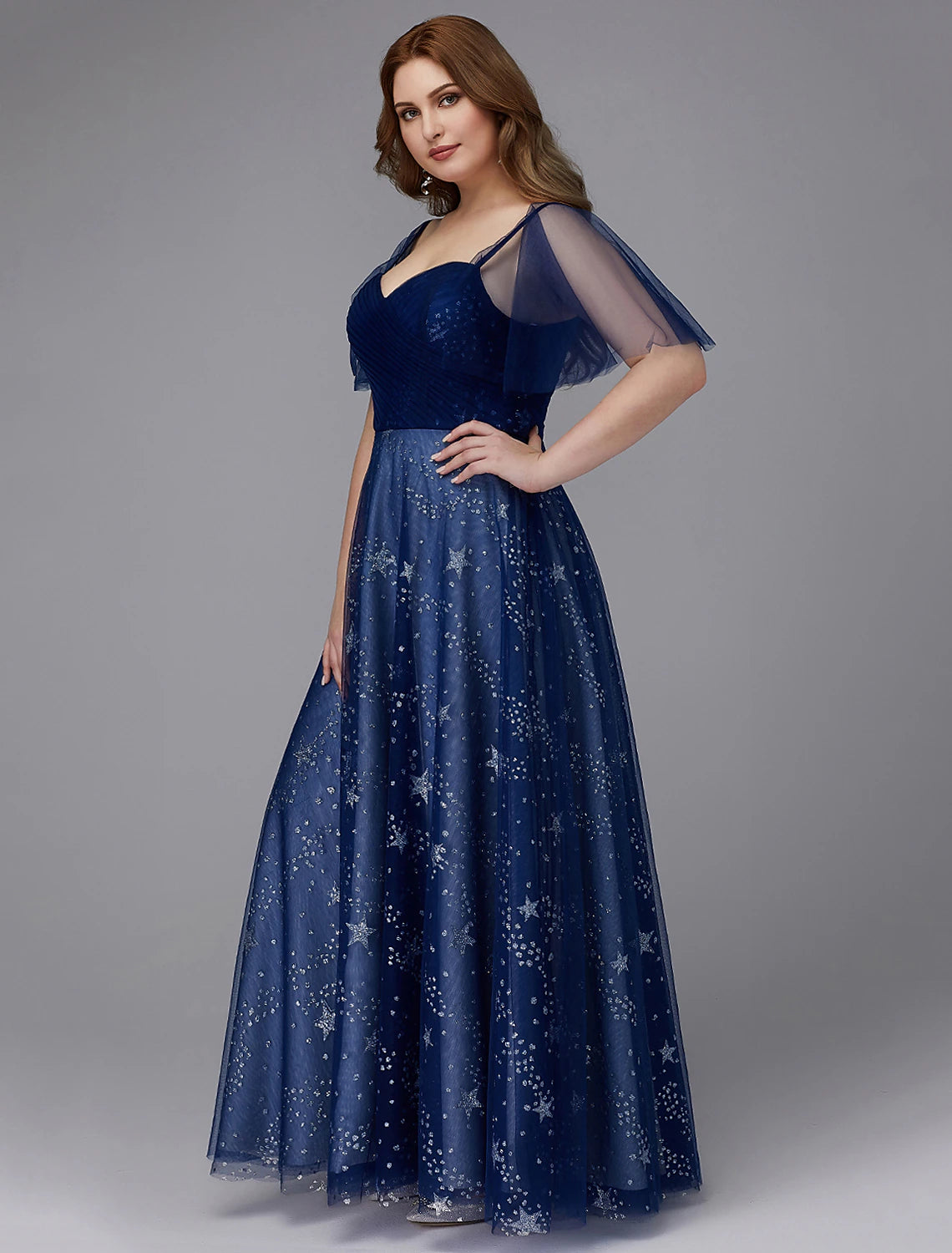 A-Line Plus Size Dress Prom Formal Evening Floor Length Short Sleeve Sweetheart Tulle Lace-up with Beading Pattern / Print