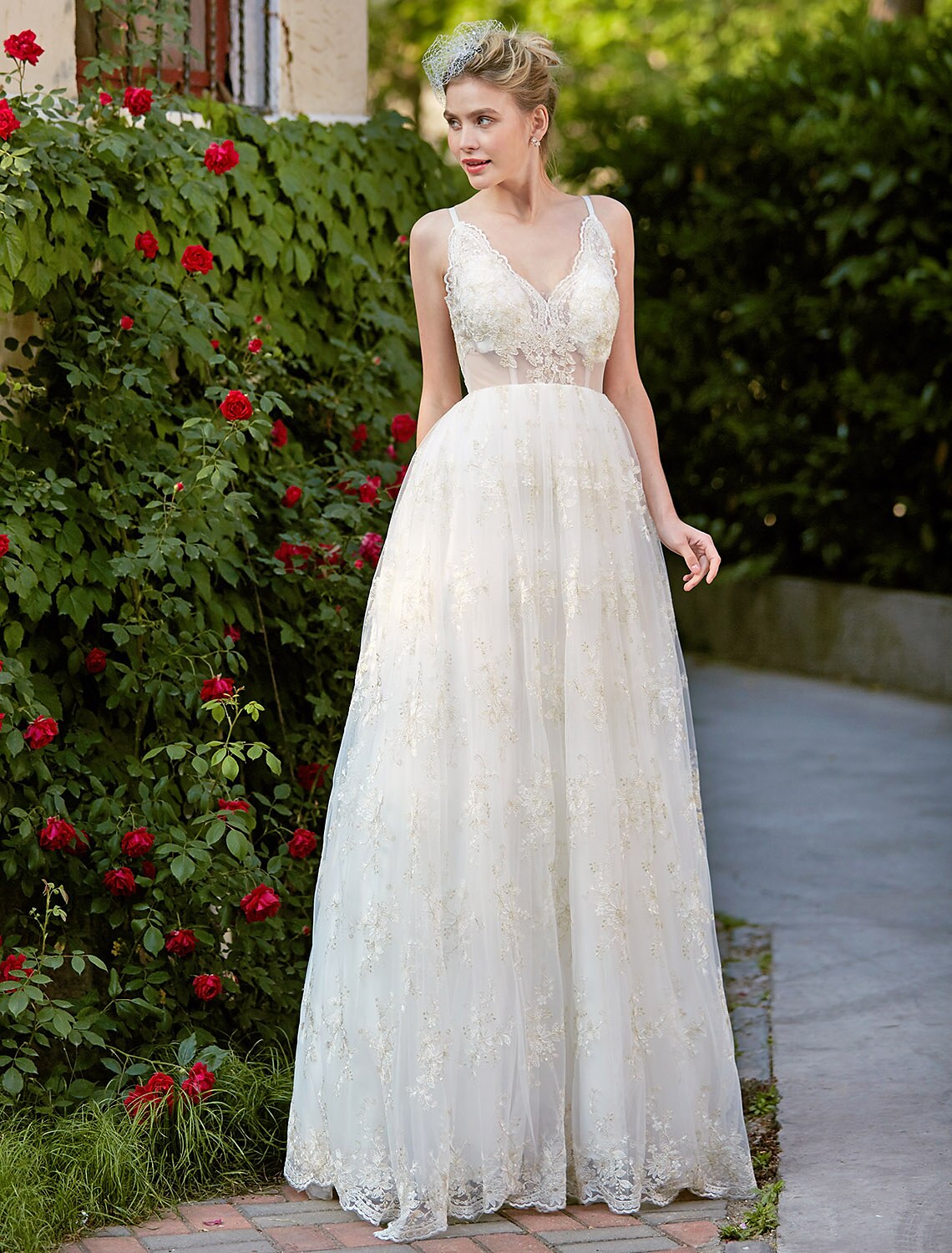Wedding Dresses A-Line V Neck Sleeveless Floor Length Lace Bridal Gowns With Appliques