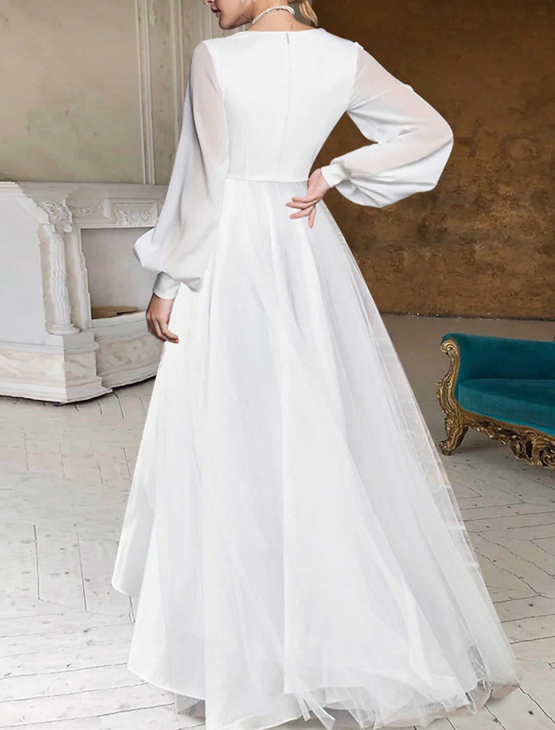 Bridal Shower Wedding Dresses Little White Dresses Simple A-Line V Neck Long Sleeve Asymmetrical Chiffon Bridal Gowns With Solid Color Summer Wedding Party