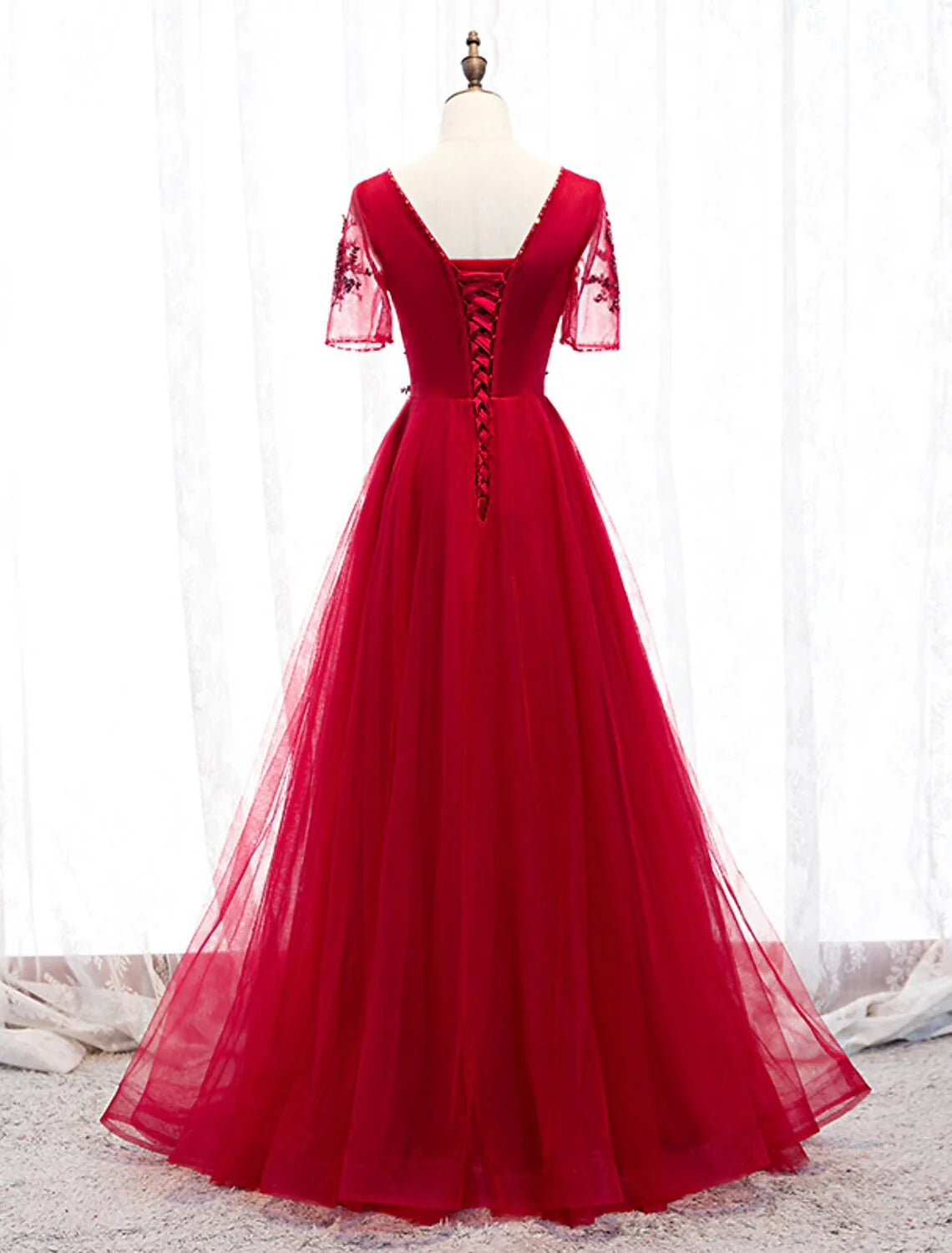 DingjiA-Line Prom Dresses Luxurious Dress Wedding Guest Formal Evening Floor Length Short Sleeve Spaghetti Strap Tulle with Beading Appliques