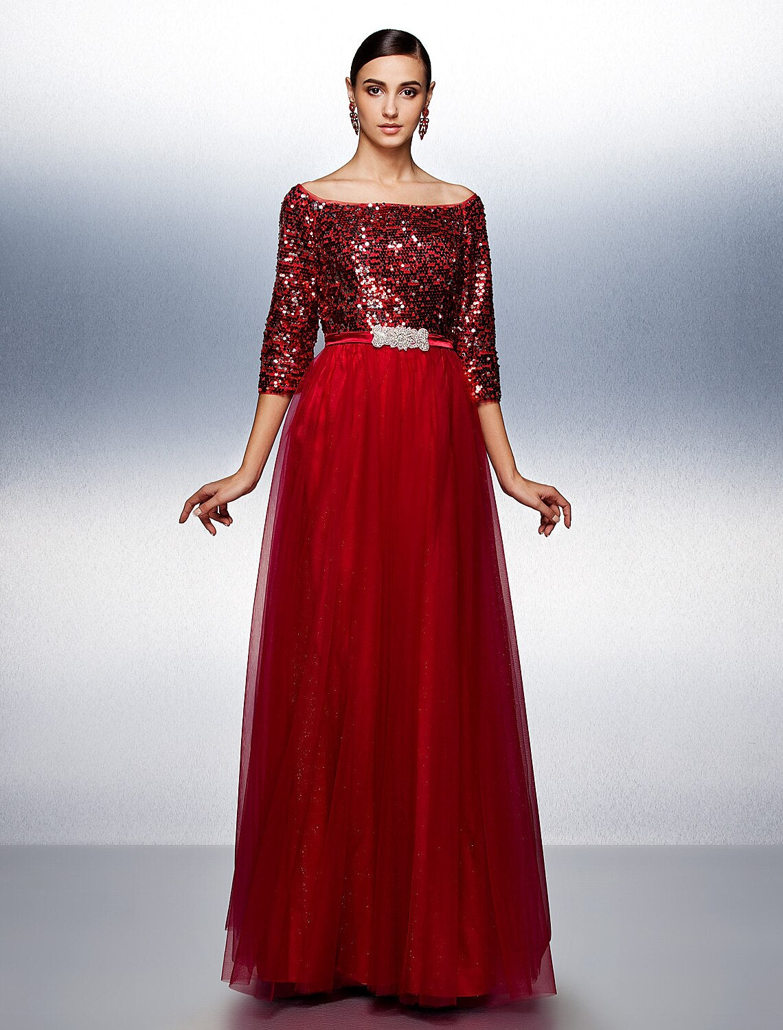 A-Line Bateau Neck / Boat Neck Floor Length Tulle / Sequined Sparkle & Shine / Beaded & Sequin Prom / Formal Evening Dress with Sash / Ribbon / Sequin