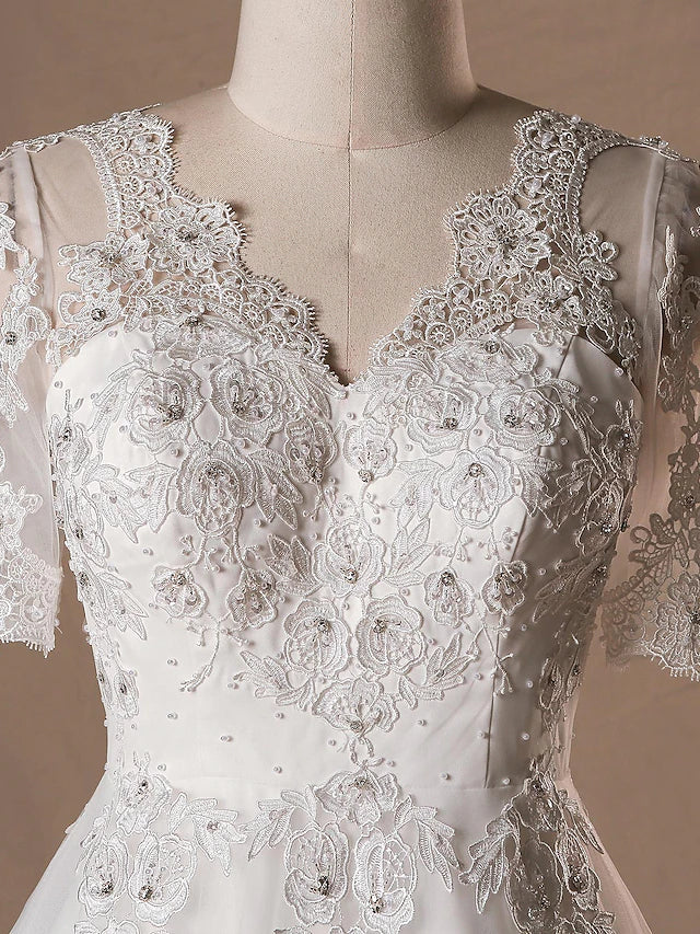 DingjiHall Wedding Dresses Cathedral Train A-Line Half Sleeve V Neck Satin With Lace Crystals