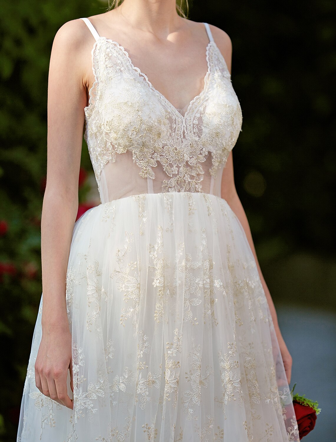 Wedding Dresses A-Line V Neck Sleeveless Floor Length Lace Bridal Gowns With Appliques