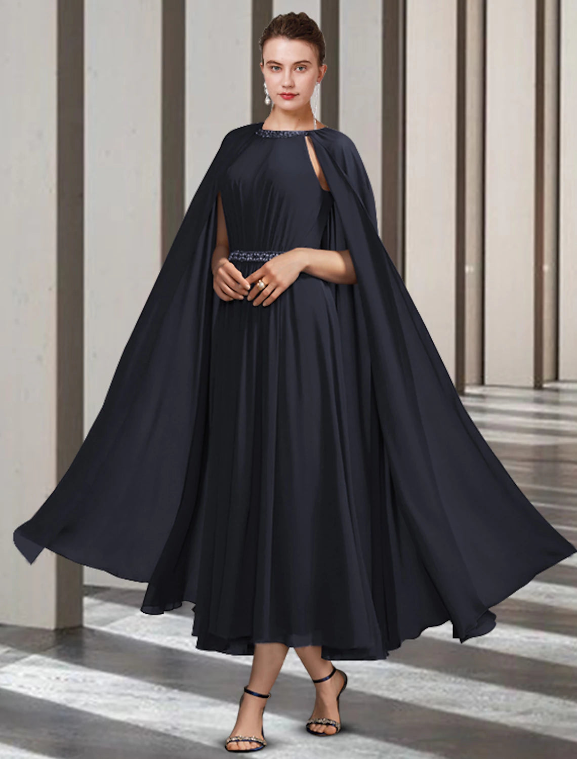 A-Line Mother of the Bride Dress Elegant Jewel Neck Ankle Length Chiffon Sleeveless with Pleats Beading Crystal Brooch