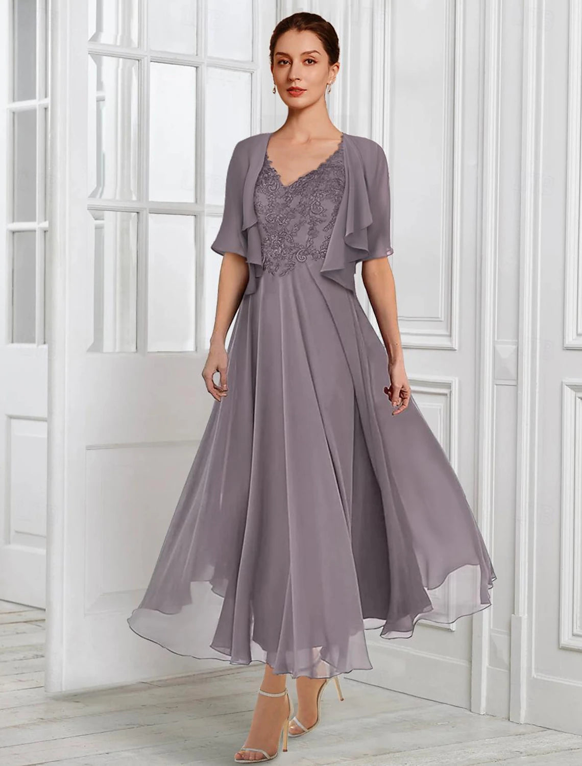 Two Piece A-Line Mother of the Bride Dress Formal Wedding Guest Elegant V Neck Tea Length Chiffon Lace Short Sleeve Jacket Dresses with Pleats Appliques