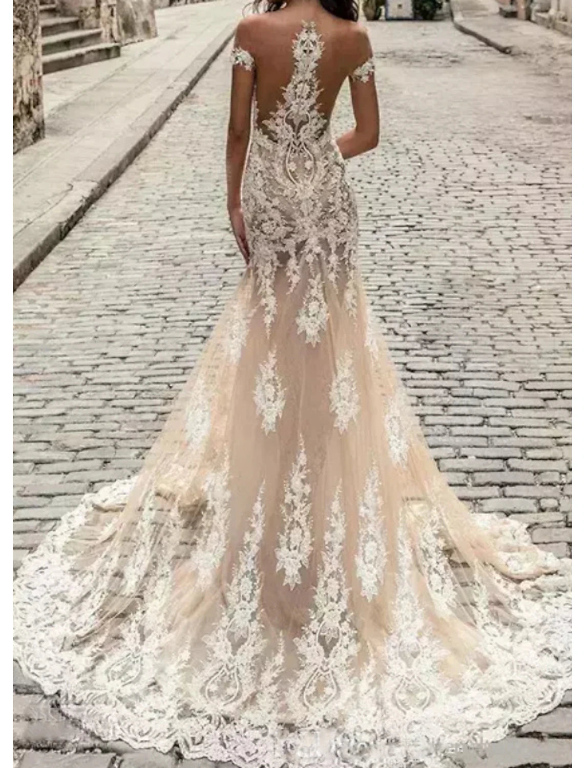 Engagement Formal Wedding Dresses Mermaid / Trumpet Off Shoulder Cap Sleeve Court Train Lace Bridal Gowns With Lace Insert Appliques