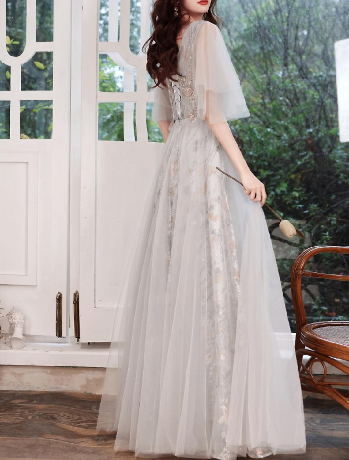 A-Line Color Block Elegant Party Wear Prom Dress V Neck Short Sleeve Floor Length Tulle with Appliques