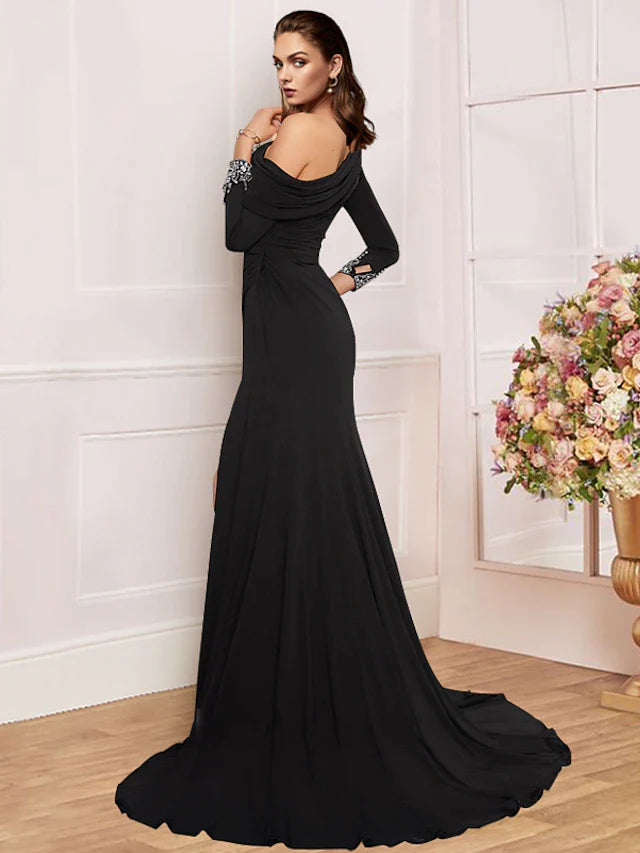 Sheath / Column Mother of the Bride Dress Formal Vintage Elegant Off Shoulder Sweep / Brush Train Stretch Fabric Long Sleeve with Crystals Split Front Ruching