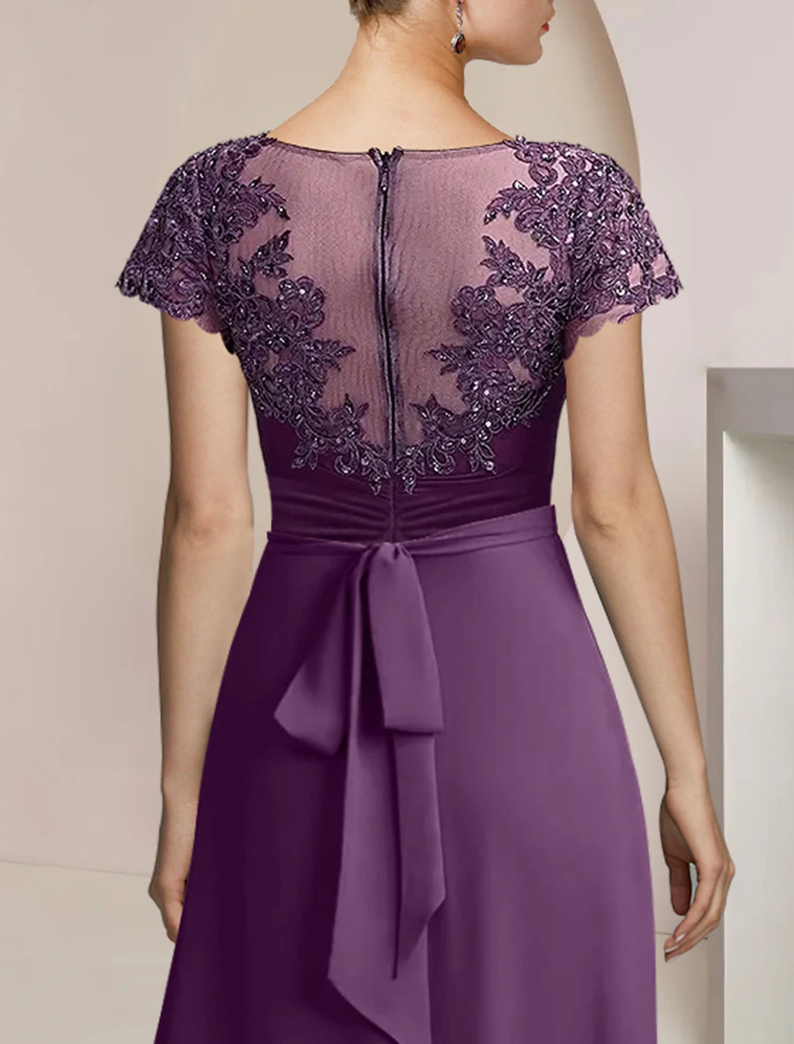 A-Line Mother of the Bride Dress Formal Wedding Guest Party Elegant Scoop Neck Asymmetrical Tea Length Chiffon Lace Short Sleeve with Beading Sequin Appliques 2023