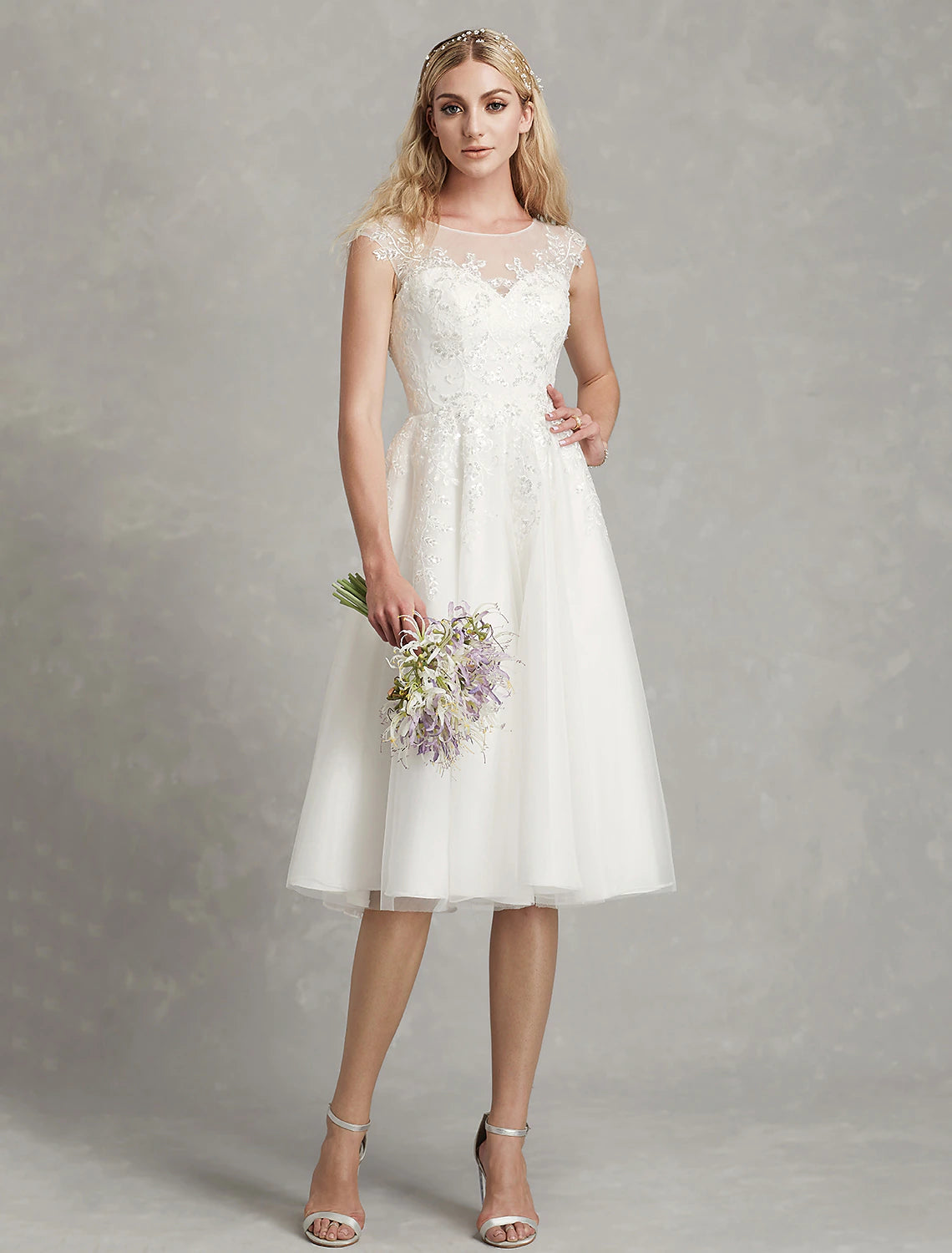Reception Little White Dresses Wedding Dresses A-Line Illusion Neck Cap Sleeve Knee Length Lace Bridal Gowns With Appliques 2023 Summer Wedding Party