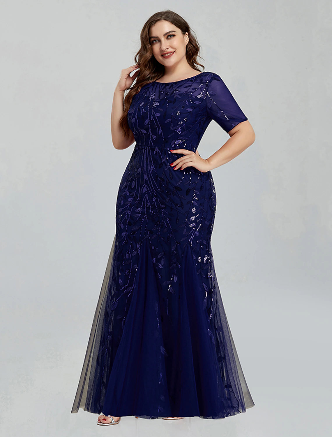 Mermaid / Trumpet Evening Gown Empire Dress Wedding Guest Floor Length Short Sleeve Jewel Neck Bridesmaid Dress Tulle with Embroidery