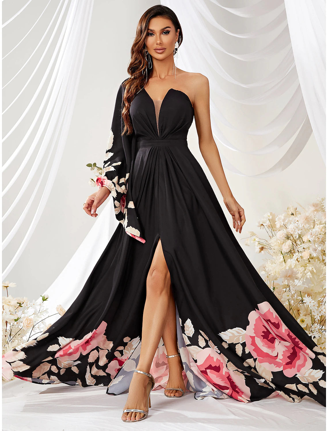 A-Line Wedding Guest Dresses Floral Dress Formal Court Train Long Sleeve One Shoulder Chiffon with Slit Print