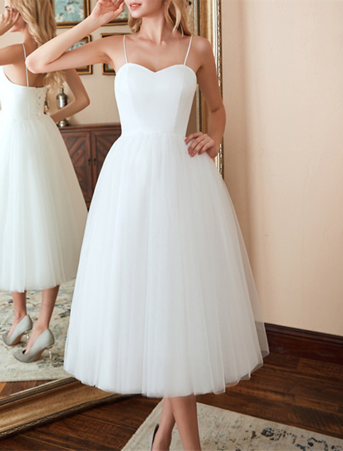 Reception Little White Dresses Wedding Dresses A-Line Sweetheart Camisole Spaghetti Strap Tea Length Satin Bridal Gowns With Solid Color