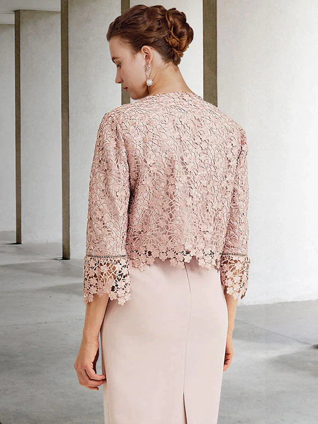 Two Piece Sheath / Column Mother of the Bride Dress Church Elegant Jewel Neck Knee Length Chiffon Lace Short Sleeve Short Jacket Dresses with Ruffles Appliques