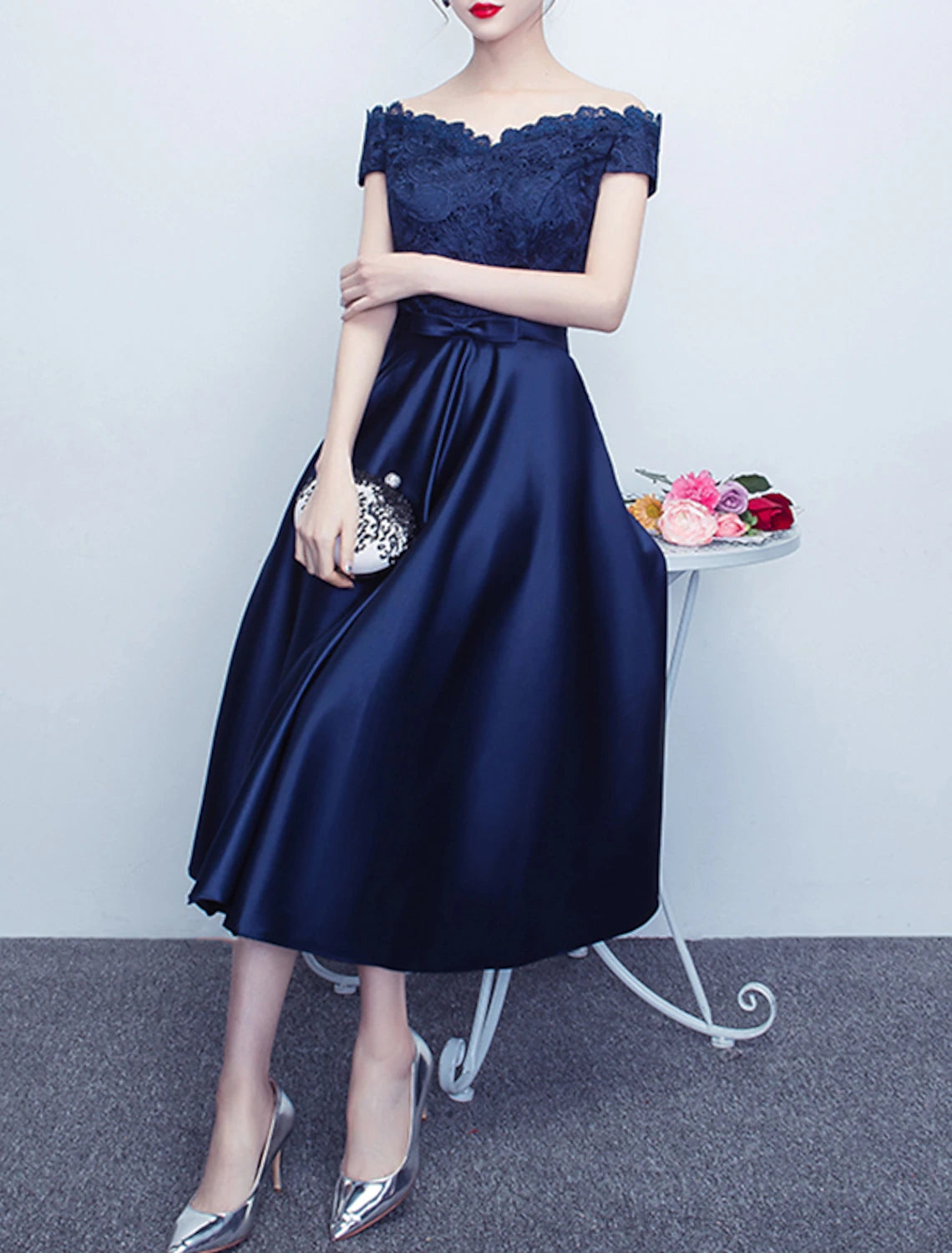 A-Line Cocktail Dresses Elegant Dress Wedding Guest Party Wear Tea Length Short Sleeve Off Shoulder Satin with Sash / Ribbon Bow(s) Pleats
