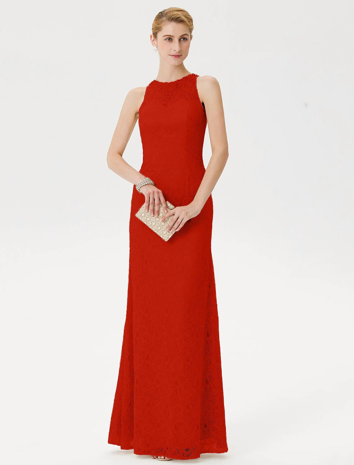 Sheath / Column Mother of the Bride Dress Elegant See Through Illusion Neck Floor Length Lace Sleeveless with Crystals Beading