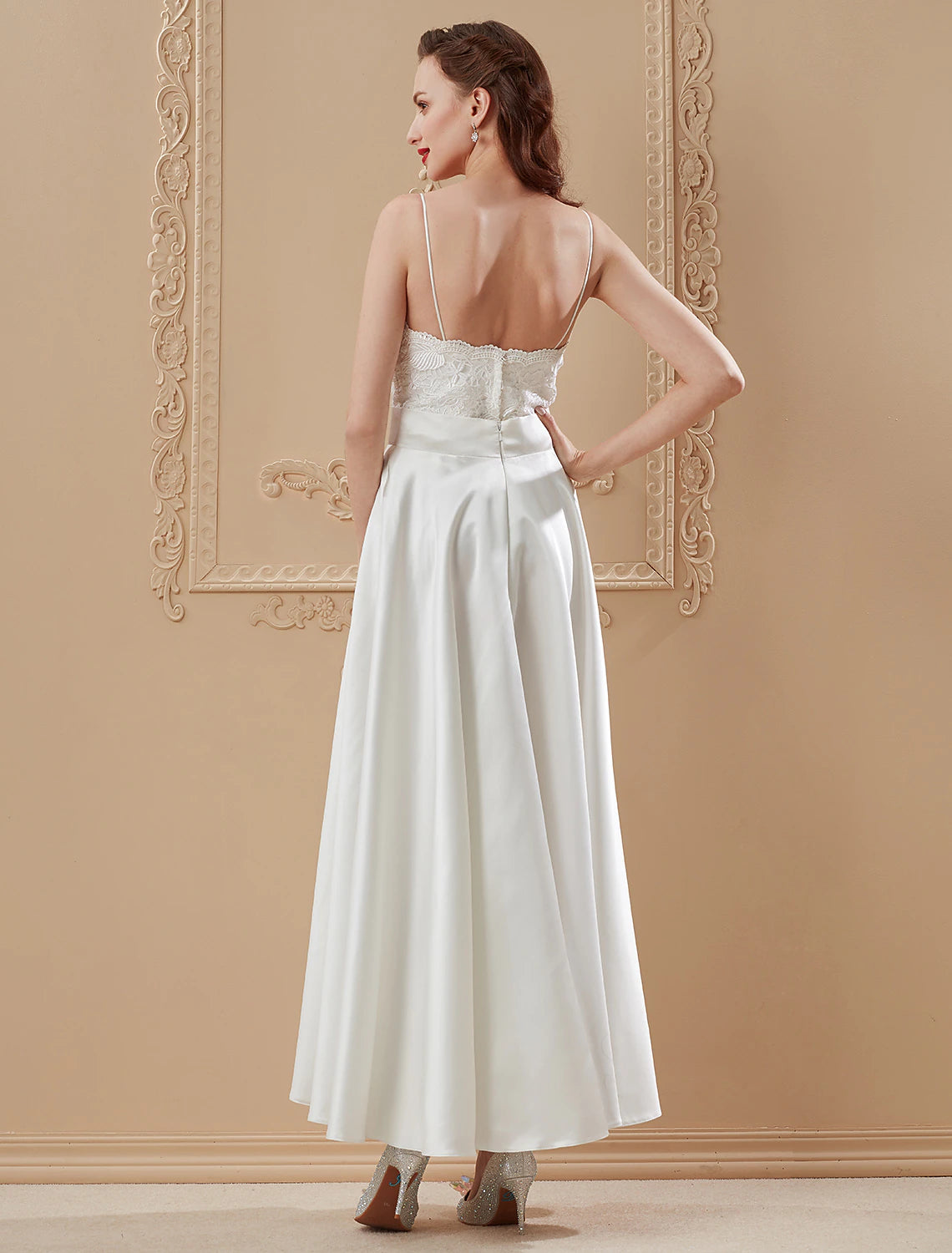 A-Line / Princess Spaghetti Strap Ankle Length Satin / Corded Lace Made-To-Measure Wedding Dresses with Appliques / Sashes / Ribbons / Open Back