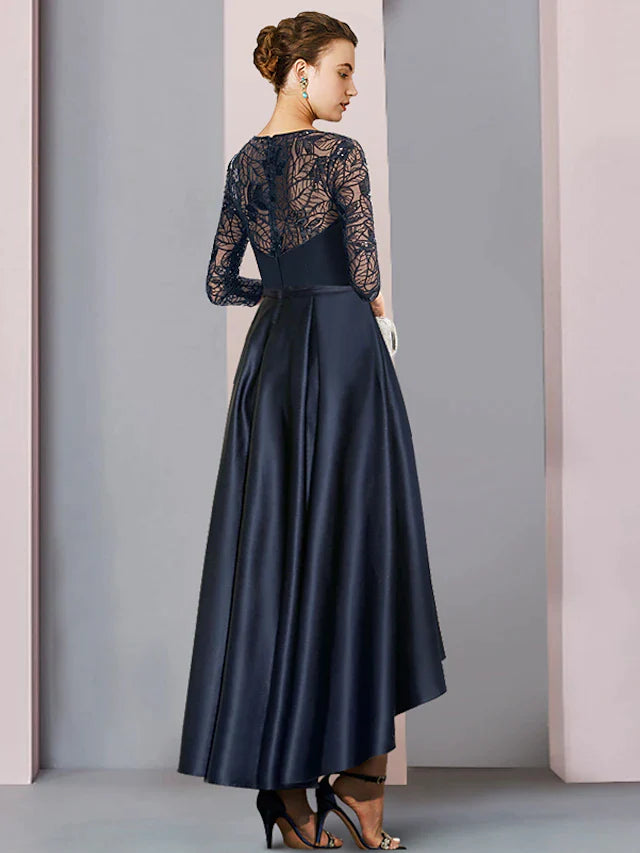 Dingji A-Line Mother of the Bride Dress Wedding Guest Vintage Party Jewel Neck Asymmetrical Satin Lace Sequined Half Sleeve with Pleats
