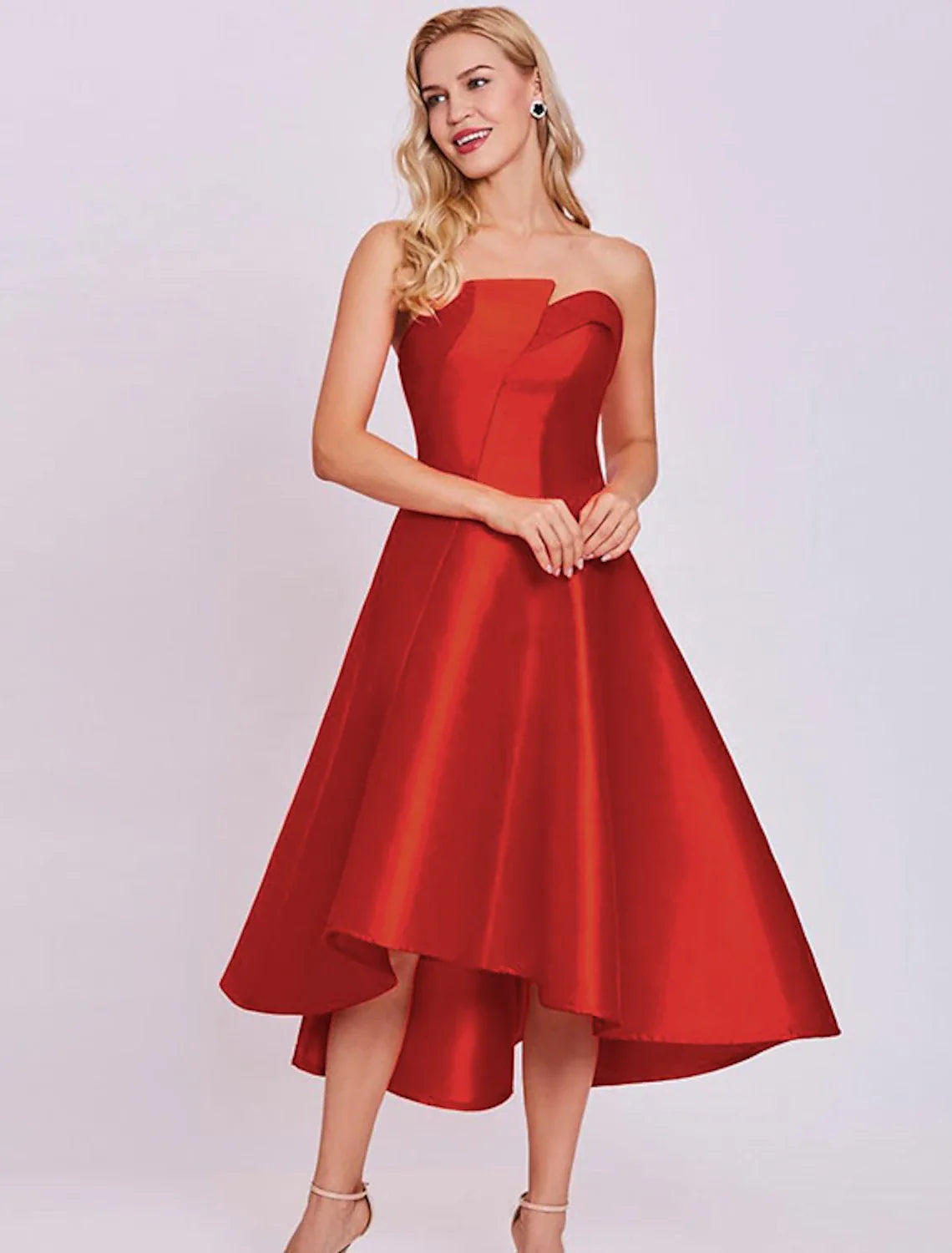 DingjiA-Line Cocktail Dresses Minimalist Dress Homecoming Wedding Guest Tea Length Sleeveless Strapless Satin with Sleek