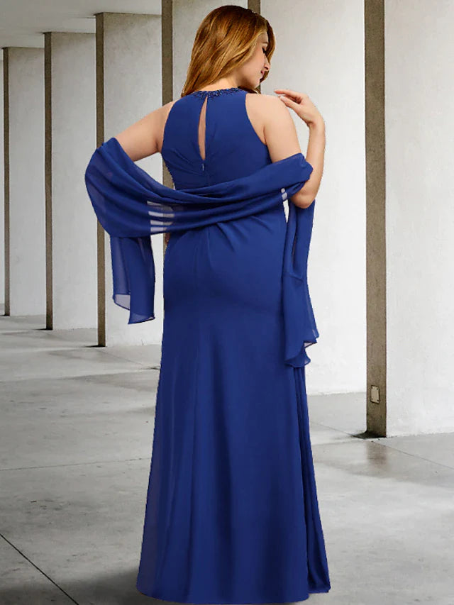 Two Piece A-Line Plus Size Curve Mother of the Bride Dresses Elegant Dress Formal Floor Length Sleeveless Jewel Neck Chiffon with Pleats Crystals