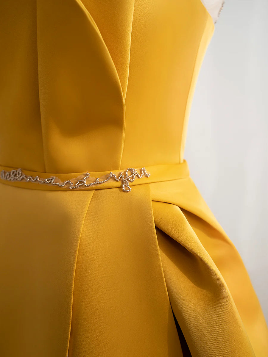 Neckline Satin Yellow Long Prom Dresses Yellow Formal with Beading Sequin
