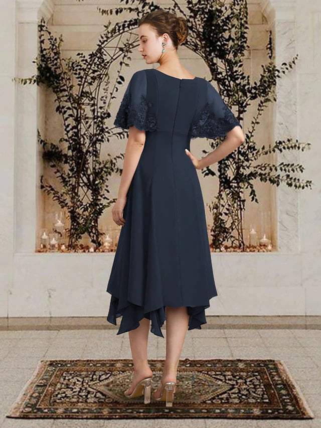 A-Line Mother of the Bride Dress Plus Size Elegant High Low V Neck Asymmetrical Tea Length Chiffon Lace Sleeveless with Appliques