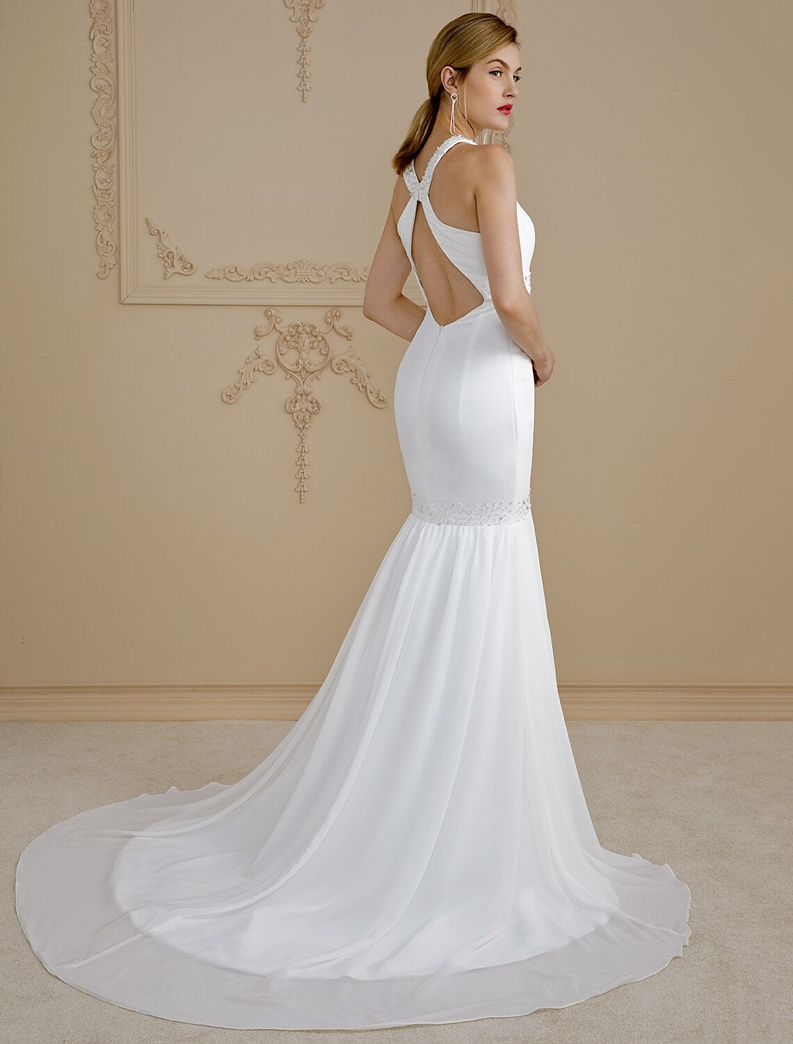 Mermaid / Trumpet Wedding Dresses Halter Neck Court Train Chiffon Regular Straps Sexy Backless with Beading