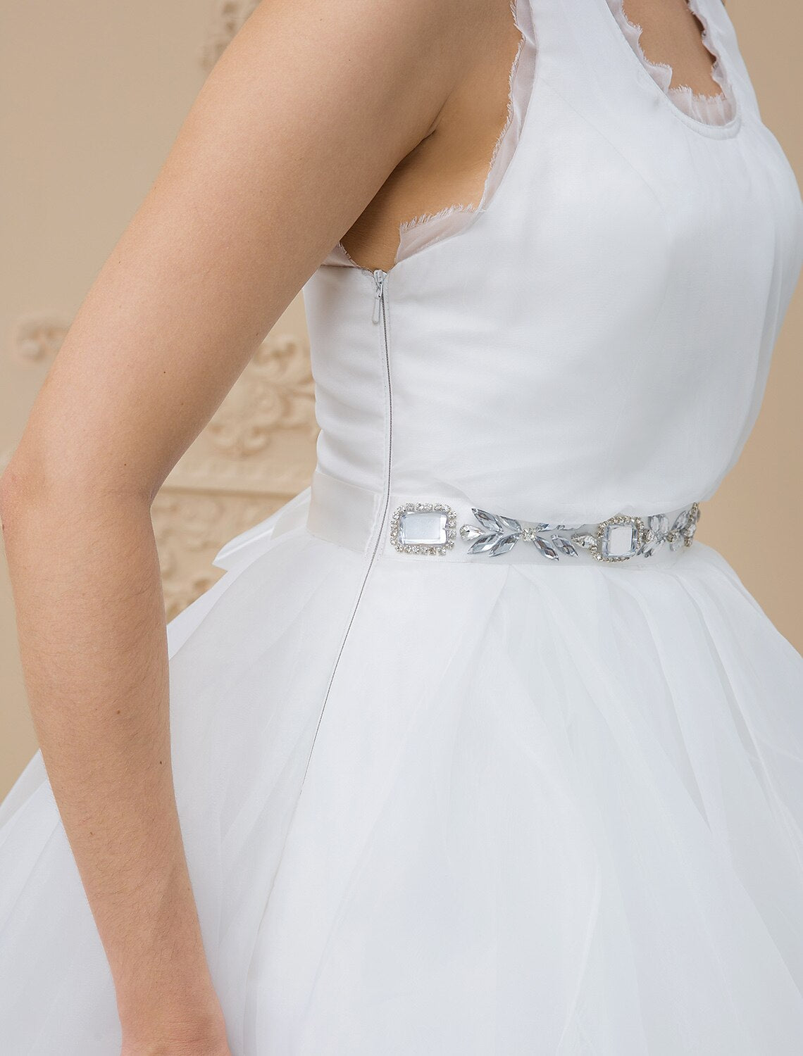 A-Line Scoop Neck Sweep / Brush Train Chiffon / Tulle Made-To-Measure Wedding Dresses with Appliques by