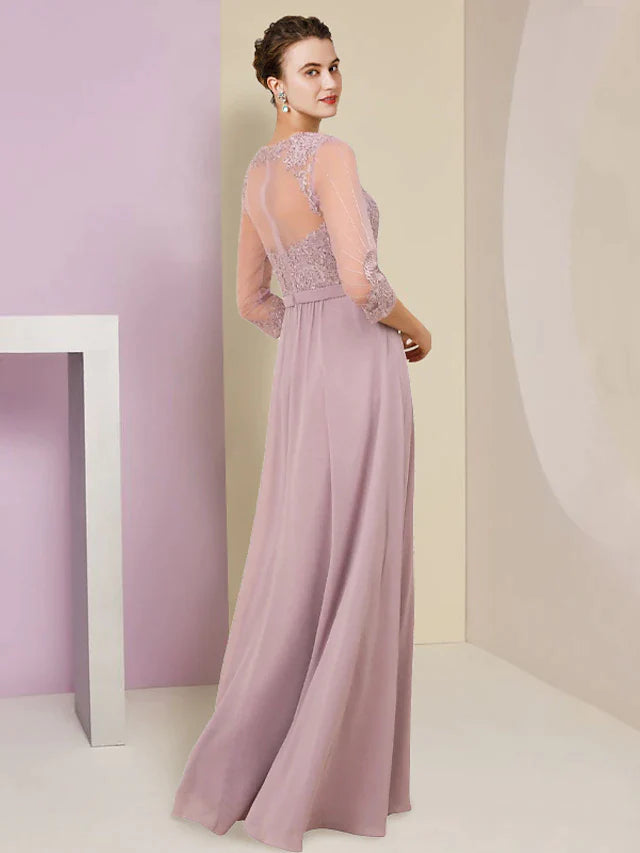 DingjiA-Line Mother of the Bride Dress Formal Wedding Guest Elegant V Neck Floor Length Chiffon Lace 3/4 Length Sleeve with Pleats Appliques