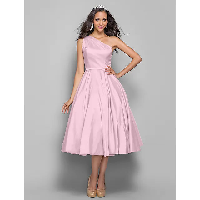 DingjiA-Line Minimalist Elegant Cocktail Party Wedding Party Dress One Shoulder Sleeveless Tea Length Taffeta with Sash / Ribbon