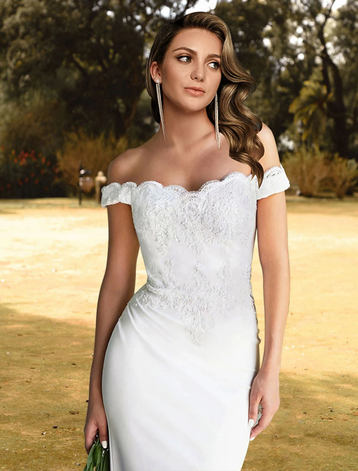 Beach Wedding Dresses Mermaid / Trumpet Off Shoulder Cap Sleeve Sweep / Brush Train Lace Bridal Gowns With Appliques 2023 Summer Wedding Party