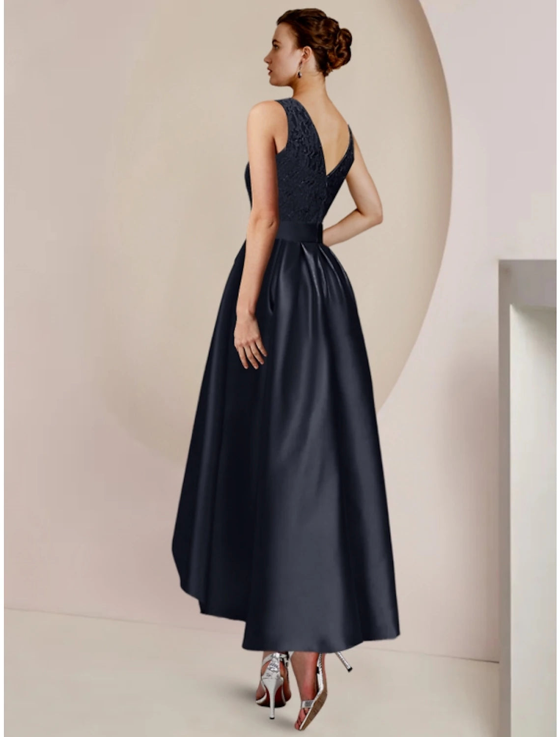 Sheath / Column Mother of the Bride Dress Wedding Guest Minimalist Elegant Scoop Neck Asymmetrical Ankle Length Satin Lace Half Sleeve with Pleats Solid Color 2023