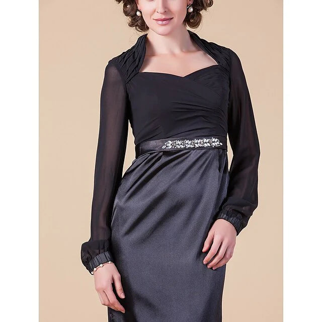Sheath / Column Mother of the Bride Dress Queen Anne Floor Length Chiffon Stretch Satin Long Sleeve with Sash / Ribbon Beading Side Draping
