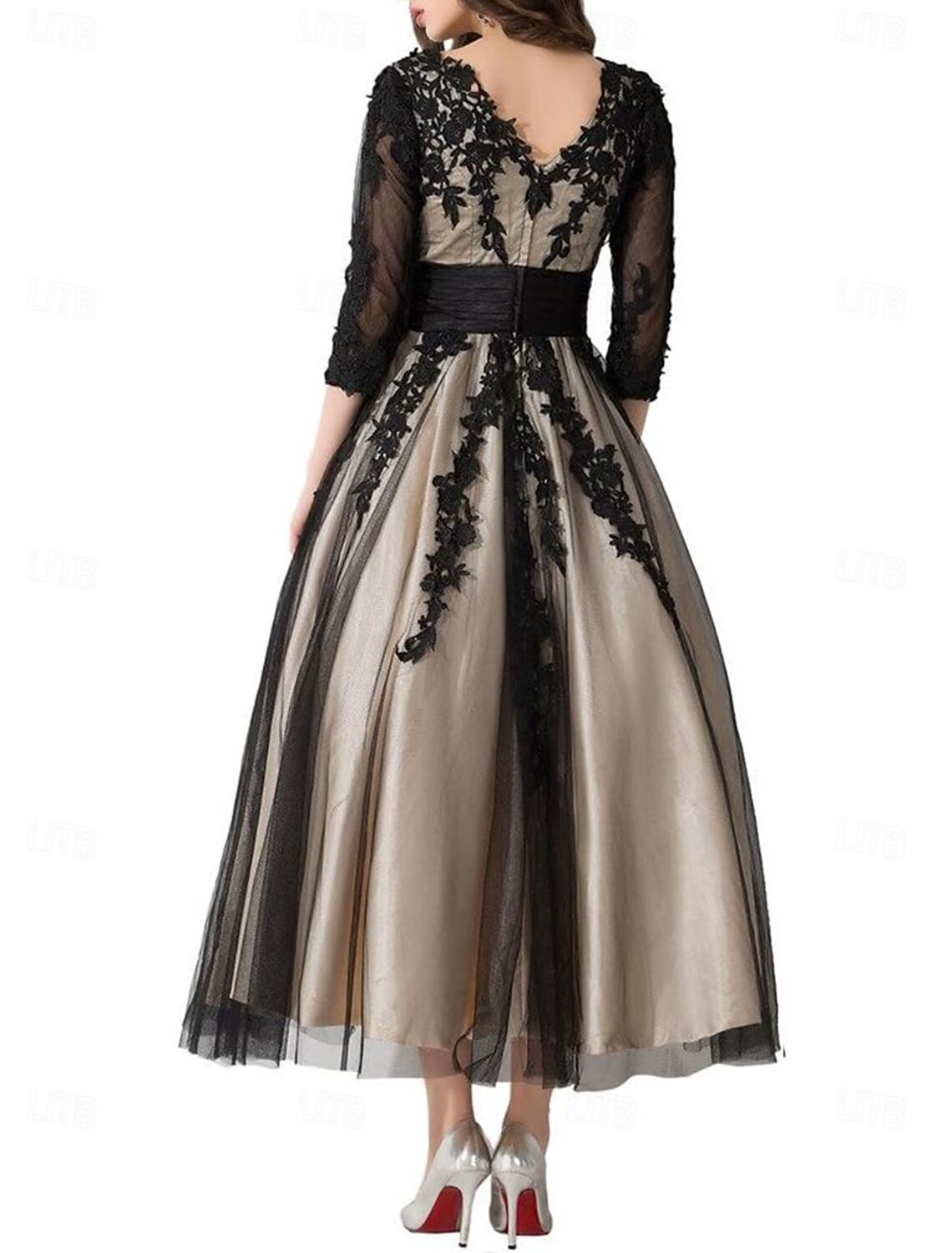 A-Line Mother of the Bride Dress Wedding Guest Elegant Vintage V Neck Ankle Length Lace Tulle 3/4 Length Sleeve with Pleats Appliques