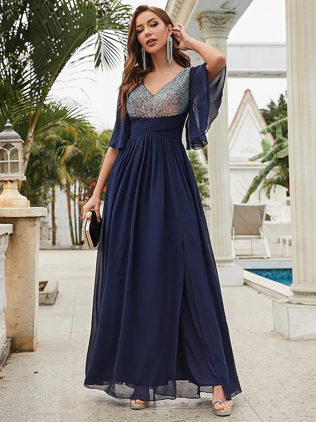 DingjiA-Line Wedding Guest Dresses Sparkle & Shine Dress Party Wear Floor Length Half Sleeve V Neck Chiffon with Crystals Ruffles