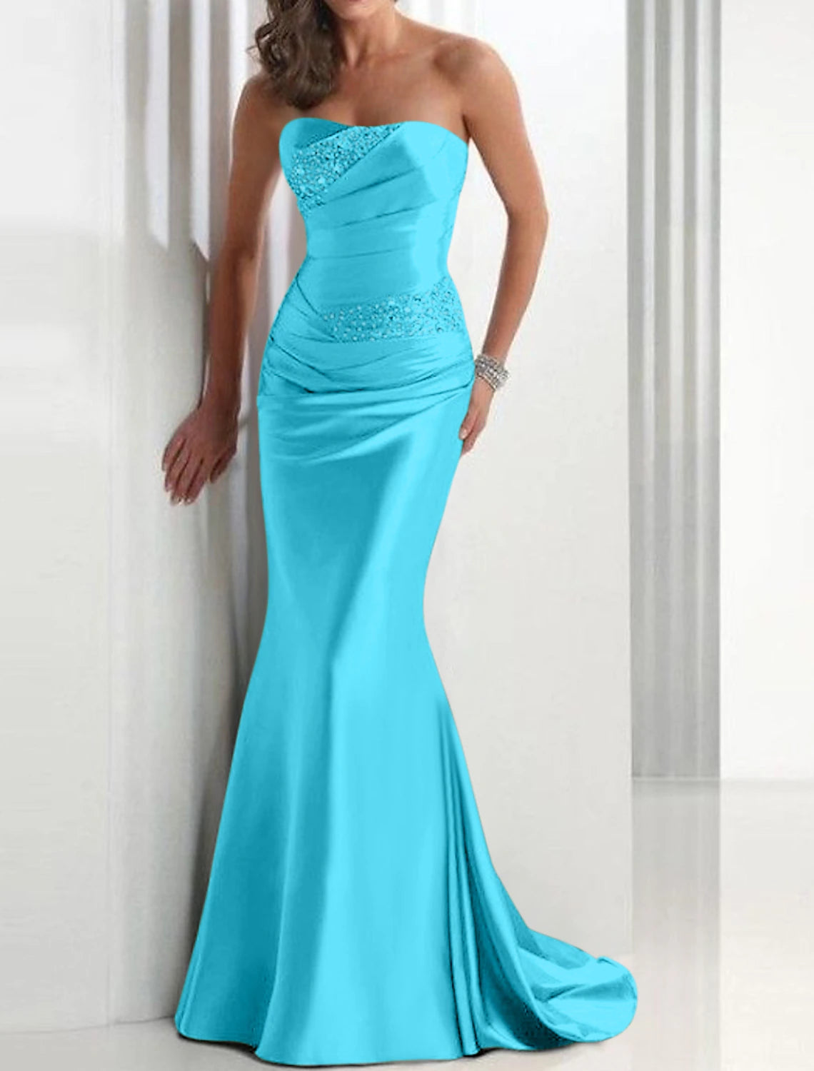Mermaid / Trumpet Elegant Sparkle & Shine Wedding Guest Formal Evening Dress Strapless Sleeveless Sweep / Brush Train Satin with Crystals