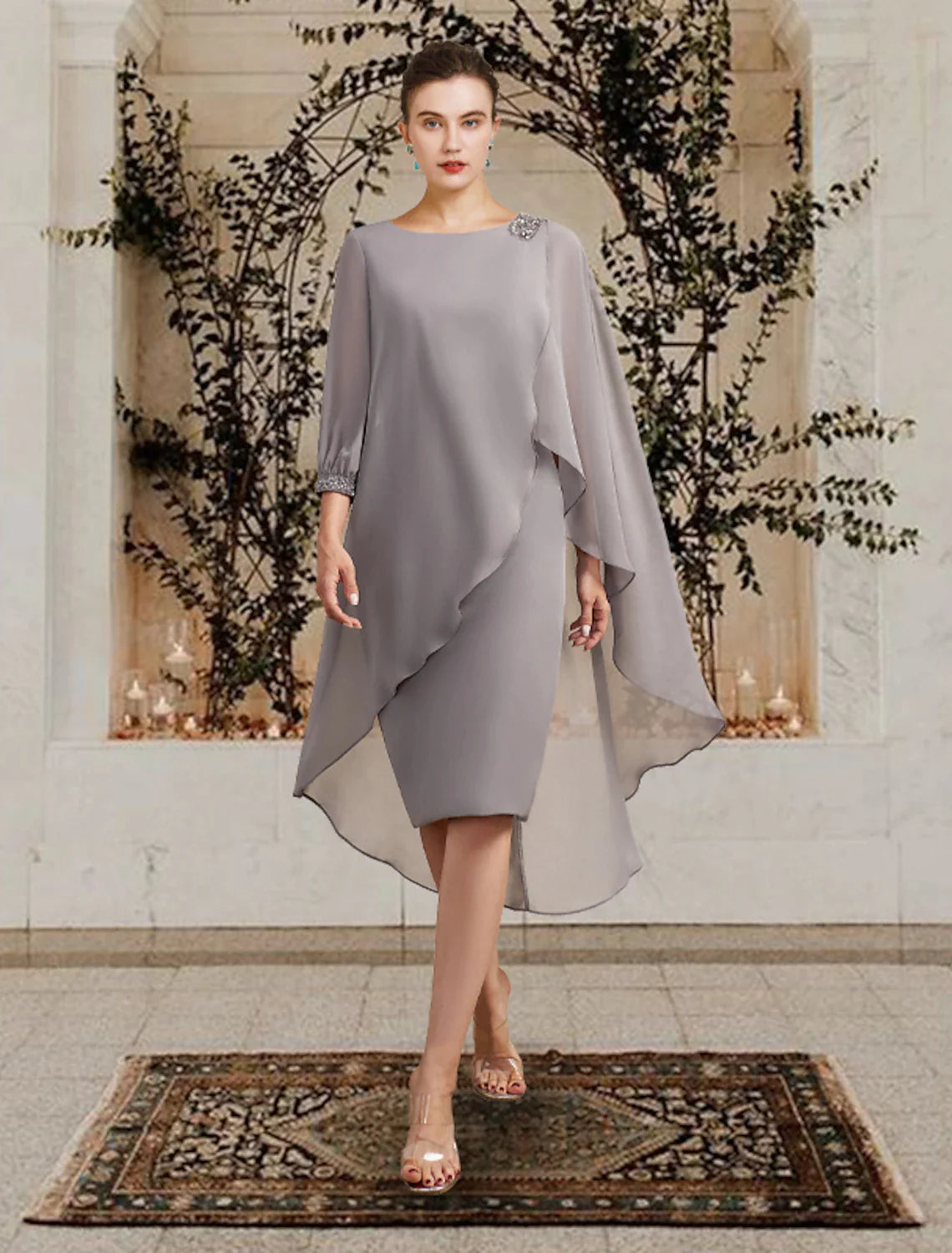 Sheath / Column Mother of the Bride Dress Wedding Guest Elegant Jewel Neck Floor Length Chiffon 3/4 Length Sleeve with Beading Sequin Fall