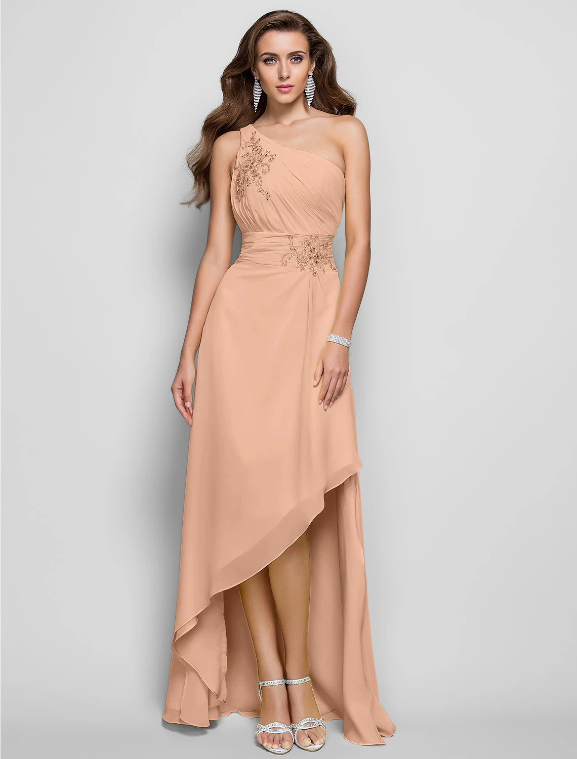 Sheath / Column Elegant Dress Wedding Guest Cocktail Party Asymmetrical Sleeveless One Shoulder Bridesmaid Dress Chiffon with Beading Slit Appliques