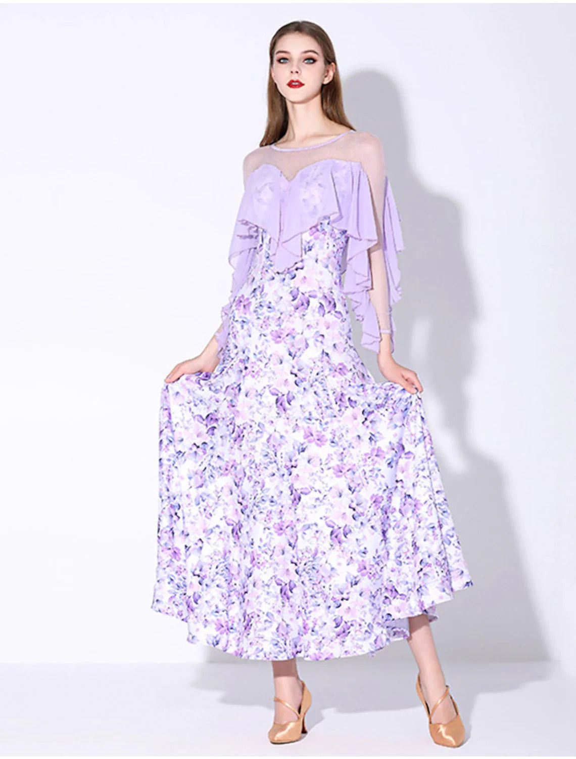 DingjiBallroom Dance Dress Printing Ruffles Women's Performance Party Long Sleeve Polyester Mesh Milk Fiber