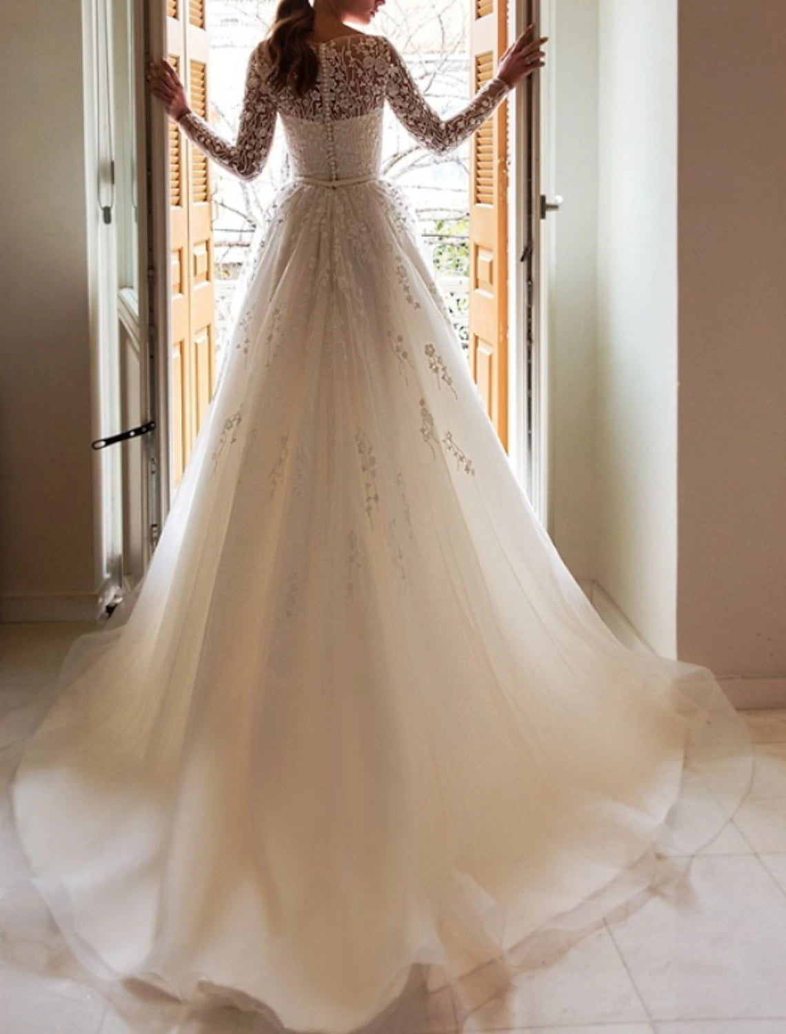 Engagement Formal Fall Wedding Dresses A-Line Illusion Neck Long Sleeve Court Train Lace Bridal Gowns With Appliques Summer Wedding Party, Women‘s Clothing