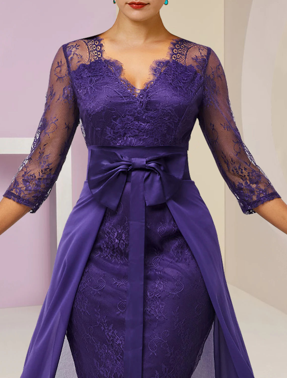 Two Piece Sheath / Column Mother of the Bride Dress Formal Fall Wedding Guest Elegant detachable V Neck Knee Length Chiffon Lace 3/4 Length Sleeve with Bow(s) 2023