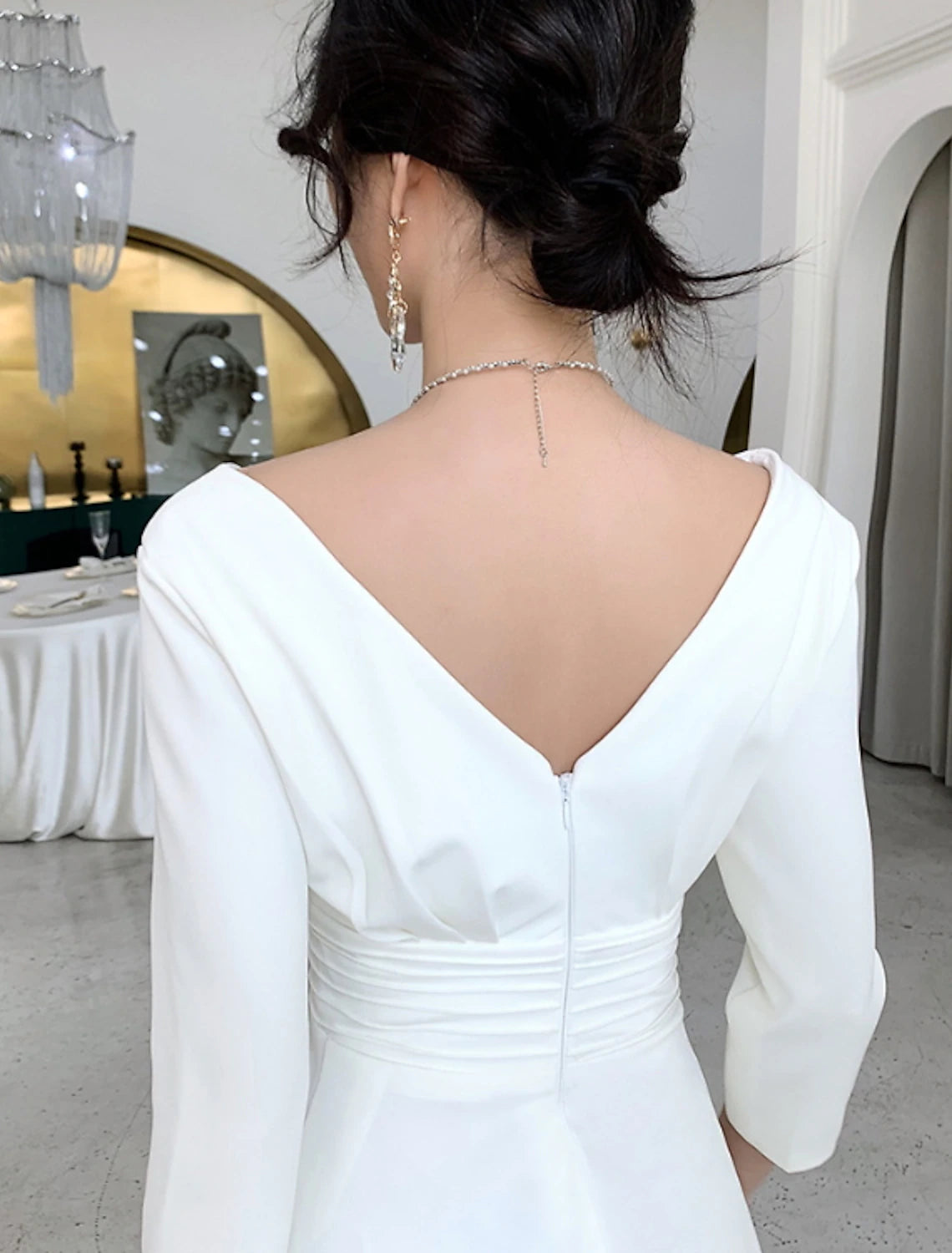 Reception Little White Dresses Wedding Dresses A-Line V Neck 3/4 Length Sleeve Knee Length Stretch Fabric Bridal Gowns With