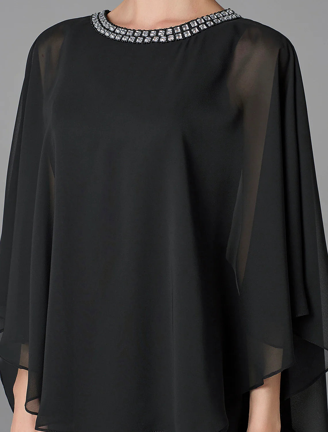 A-Line Mother of the Bride Dress Wedding Guest Elegant Cape Dress Plus Size Jewel Neck Floor Length Chiffon Sleeveless with Beading